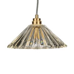 a brass and crystal glass pendant light fixture with a black cord hanging from the ceiling