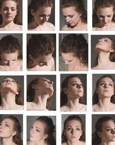 many different pictures of a woman's face and neck with various expressions on her face