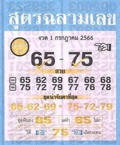 a blue and white ticket with numbers in thai writing on the front, along with an image of a hand holding a coin