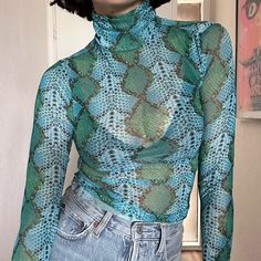 Sheer Green/ Blue Snakeskin Print Turtleneck. Size Xs. New With Tags Trendy Blue Mesh Top For Summer, Blue High Stretch Summer Tops, Blue Trendy Mesh Top For Spring, Trendy Blue High-stretch Tops, Trendy High Stretch Blue Tops, Trendy Blue Mesh Top For Spring, Trendy Fitted Green Mesh Top, Summer Blue Mesh Top, Blue Mesh Top For Spring Party