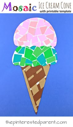 an ice cream cone made out of paper and colored mosaics on blue background with text overlay