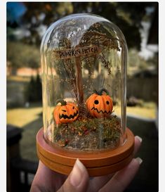 two pumpkin heads under a glass dome on top of a wooden base with moss and dirt