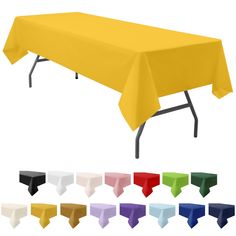 an image of a yellow table cloth with different colors on it and the color options for each