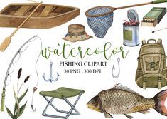 watercolor fishing clipart with various items