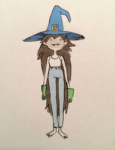 a drawing of a woman wearing a witches hat and holding her hands in her pockets