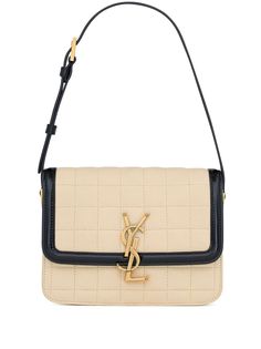 beige/black calfskin gold-tone hardware adjustable shoulder strap contrasting trim signature YSL logo plaque foldover top with magnetic fastening quilted main compartment internal patch pocket internal logo patch Bag Names, Ysl Logo, Womens Designer Handbags, Dolce E Gabbana, Designer Shoulder Bags, Saint Laurent Bag, Quilted Bag, Nike Air Jordan, Satchel Bags