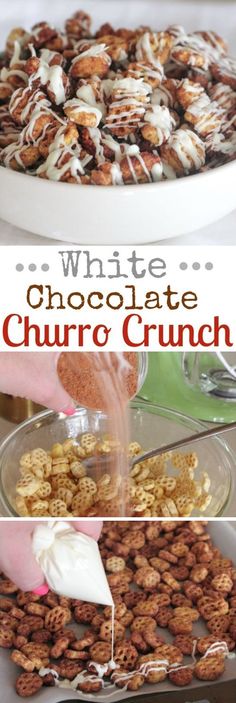 white chocolate churro crunch recipe in three pictures