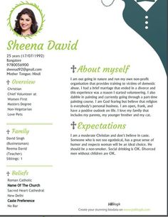 a green and white resume template with an image of a woman's profile on it