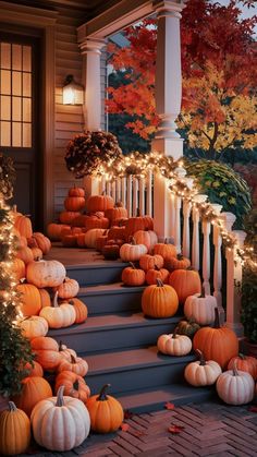 pumpkins are on the steps in front of a house with lights strung around them