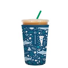 a blue cup with a straw in it on a white background, filled with animals and plants