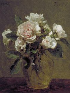 a painting of white roses in a glass vase