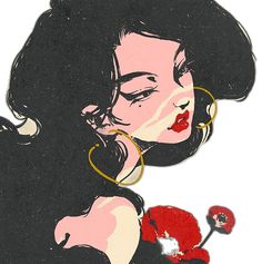 a drawing of a woman with large hoop earrings and red flower in her hand, looking down at the ground