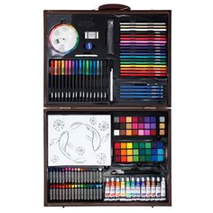 two wooden boxes filled with art supplies and colored pencils