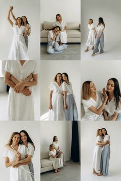 several photos of two women hugging each other in different poses and posing for the camera