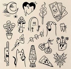 a collection of halloween themed tattoos on a piece of paper with watermarks and ink