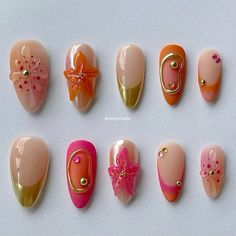 Orange Nail Acrylic Designs, Pink Orange And Gold Nails, Aura Nails With 3d Gel, Pink Orange Nail Art, Pink Orange Aura Nails, 3d Nail Ideas, Pink And Orange Aura Nails, Gold And Orange Nails, Pink And Orange Nail Art