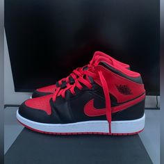 Brand New Jordan Air Jordan 1 Mid (Gs) Color Is Black/Fire Red-White Size 7y Orange And Black Shoes, Red Jordan 1 Outfit, Michael Jordan Sneakers, Air Jordan 1 Mid Gs, Pretty Sneakers, Red Jordans, Asian Nails, Jordans Girls, Pretty Shoes Sneakers