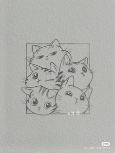 a drawing of four cats in a square with their heads tilted to the side and eyes closed