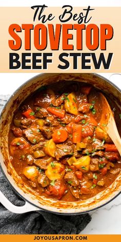 the best stovetop beef stew in a pot with a wooden spoon