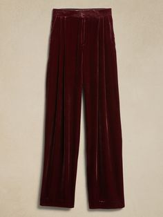 Norte Velvet Pleated Pant | Banana Republic Formal Velvet Bottoms For Fall, Chic Velvet Bottoms For Formal Occasions, Chic Velvet Formal Pants, Formal Velvet Wide Leg Bottoms, Elegant High-waisted Velvet Pants, Pleated Pant, Burgundy Pants, Velvet Pants, Pleated Pants