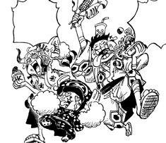 a black and white drawing of many cartoon characters in the air with one person holding an umbrella