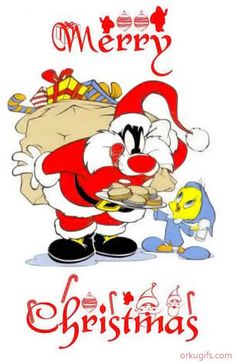 a cartoon santa clause holding onto a bag