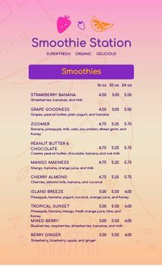 the menu for smoothie station