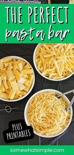 three bowls filled with pasta and cheese on top of a black cloth covered tablecloth