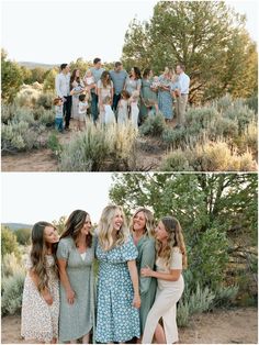 a group of people standing next to each other in front of some bushes and trees