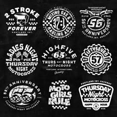 six different types of motorcycle logos on a black background