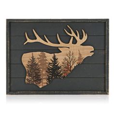 a moose head with trees on it is mounted to a wooden planked wall in the shape of a deer's head