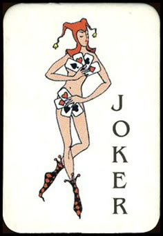 a card with a woman dressed as a joker