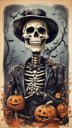 a skeleton wearing a hat and holding two pumpkins