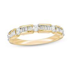 Say your vows with this glittering diamond wedding band. Crafted in warm 10K gold, this elegant choice features five sparkling 1/20 ct. diamonds alternating with stunning bars shimmering with baguette-cut diamonds. Captivating with 1/2 ct. t.w. of diamonds and a bright polished shine, this beautiful ring celebrates your everlasting love. Radiant Ring, Fine Diamond Jewelry, Peoples Jewellers, Baguette Cut Diamond, Buying Diamonds, Diamond Wedding Band, Baguette Cut, Diamond Stone, Diamond Wedding Rings