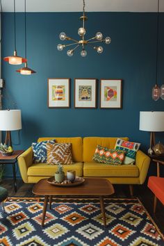 a living room with blue walls and yellow couches in the center, colorful rugs on the floor