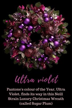 a christmas wreath with purple balls and greenery in the center, on a black background