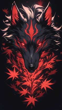 a wolf with red eyes and flames on it's face, surrounded by leaves