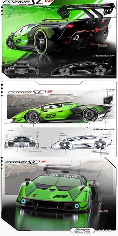 the green sports car is shown in three different views, and it appears to have been designed