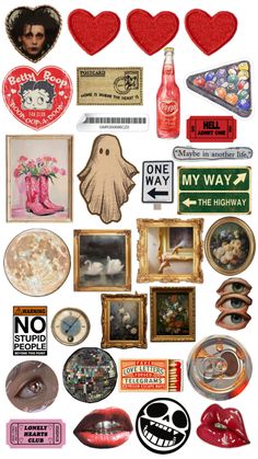 many different pictures and stickers on a white background