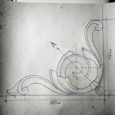 a drawing of a spiral design on top of a piece of paper with an arrow pointing to the center