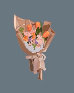 a bouquet of flowers wrapped in brown paper