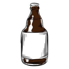 a brown beer bottle with a white label on the top is shown in black and white