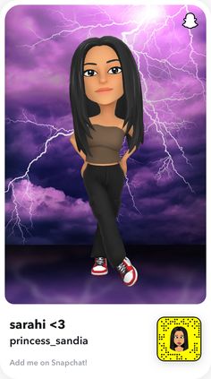 an animated girl standing in front of a purple sky with lightning behind her and the caption's name below it