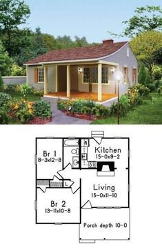 the floor plan for a small house with two bedroom and an attached porch, is shown in