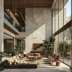 a living room filled with lots of furniture next to a tall window covered in plants