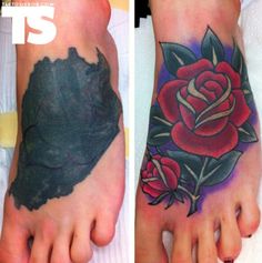 two pictures showing the same tattoo on one foot and an image of a rose on the other