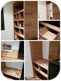 there are several pictures of the inside of a storage unit that is being built with boxes and other items