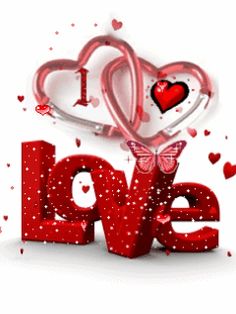 the word love is surrounded by hearts in red and silver letters with sparkles on them