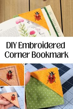 the instructions for how to make an embroidered corner bookmark