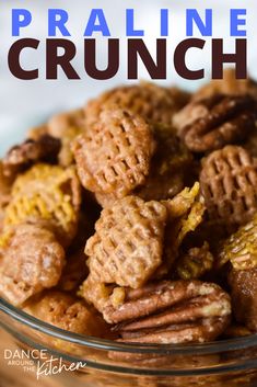 a close up of a bowl of food with the words praline crunch on it